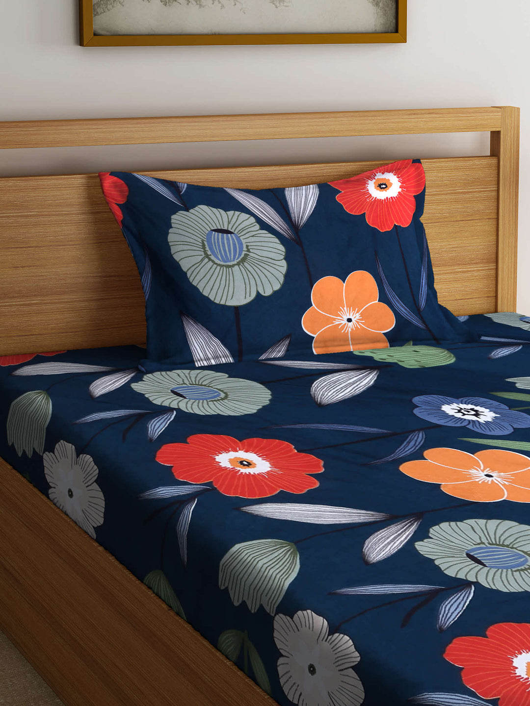Arrabi Green Floral TC Cotton Blend Single Size Fitted Bedsheet with 1 Pillow Cover (215 X 150 cm)