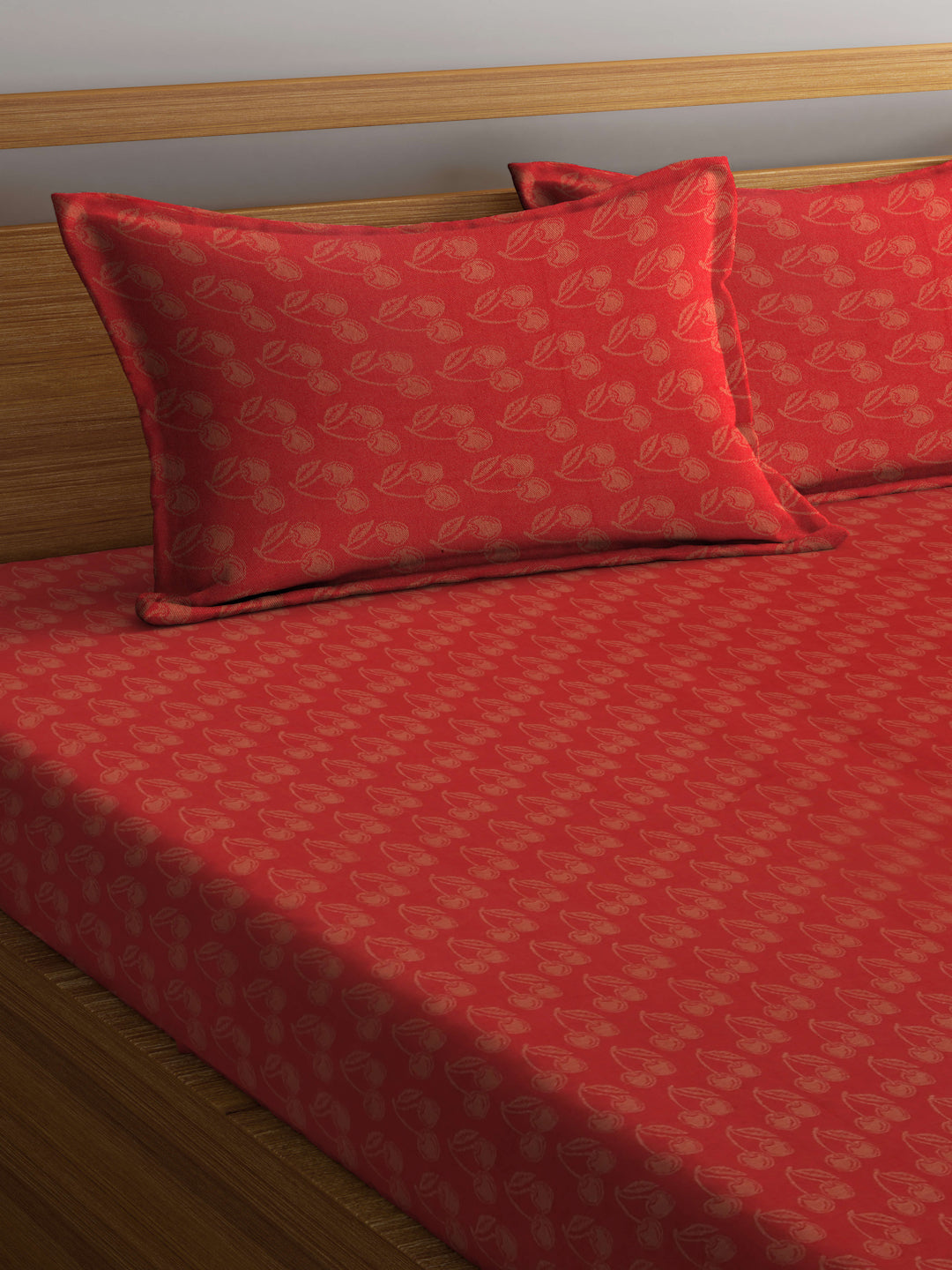 Arrabi Red Leaf Handwoven Cotton Super King Size Bedsheet with 2 Pillow Covers (270 X 270 cm)