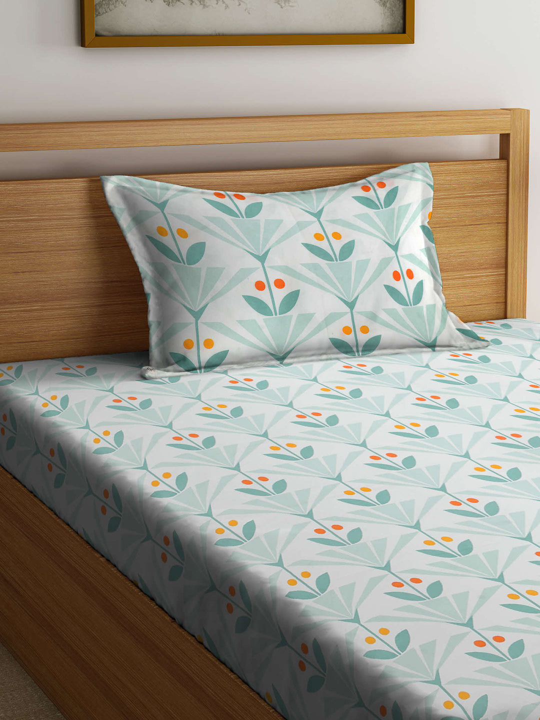 Arrabi Green Floral TC Cotton Blend Single Size Fitted Bedsheet with 1 Pillow Cover (215 X 150 cm)
