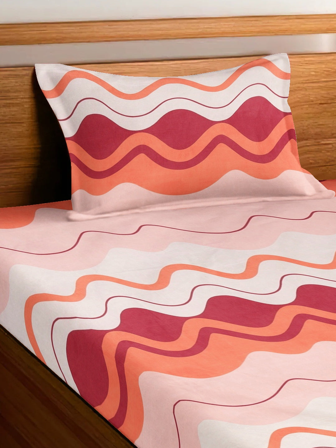 Arrabi Pink Stripes TC Cotton Blend Single Size Fitted Bedsheet with 1 Pillow Cover (215 x 150 cm)