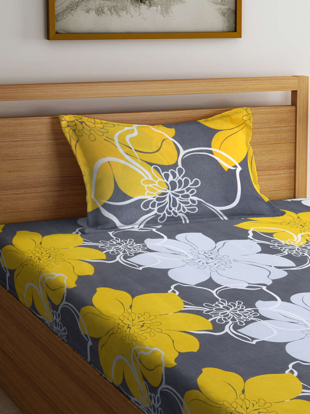Arrabi Grey Floral TC Cotton Blend Single Size Bedsheet with 1 Pillow Cover (215 X 150 cm)