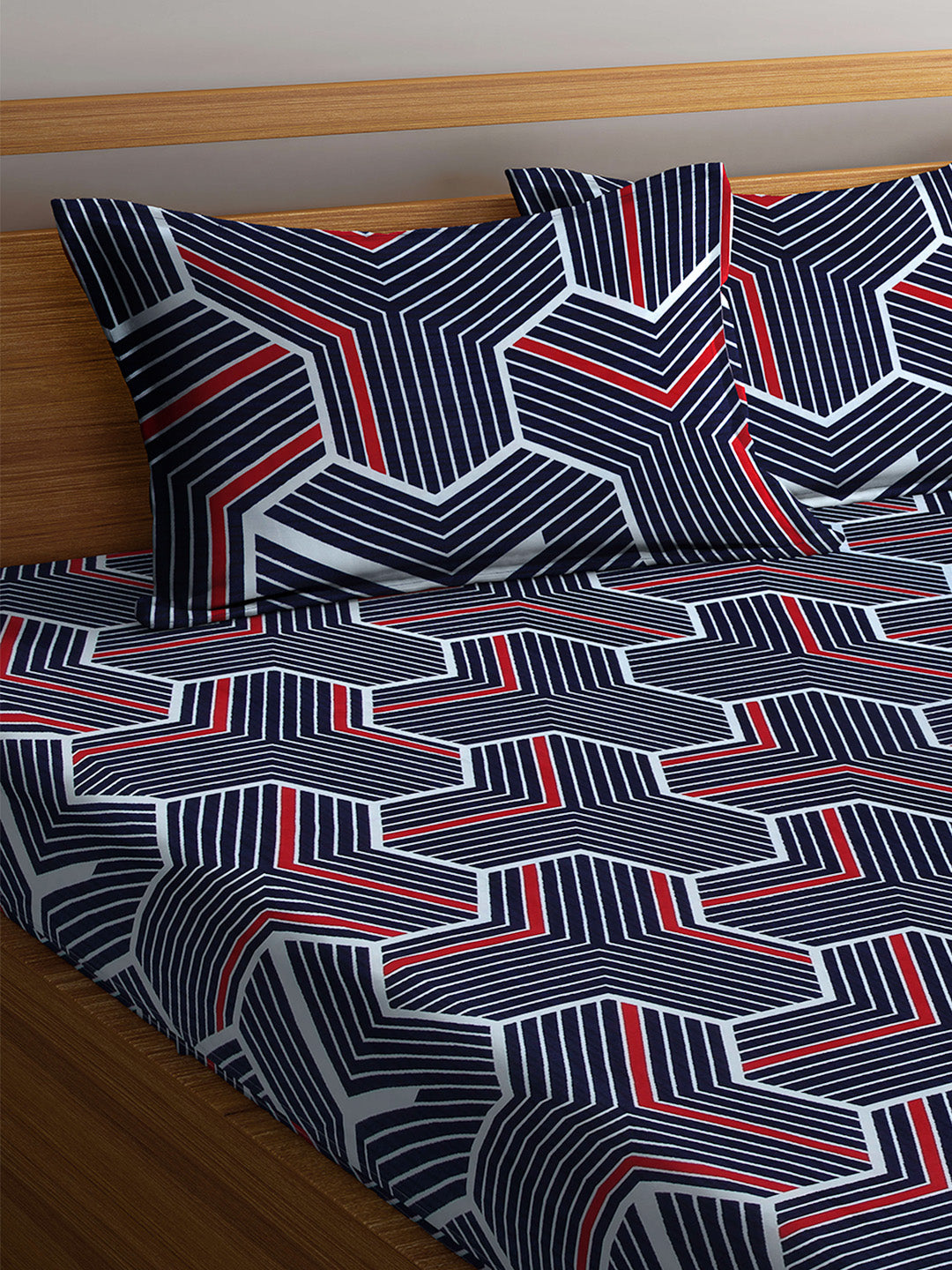 Arrabi Blue Geometric TC Cotton Blend King Size Bookfold Bedsheet with 2 Pillow Covers (250 X 220 cm)