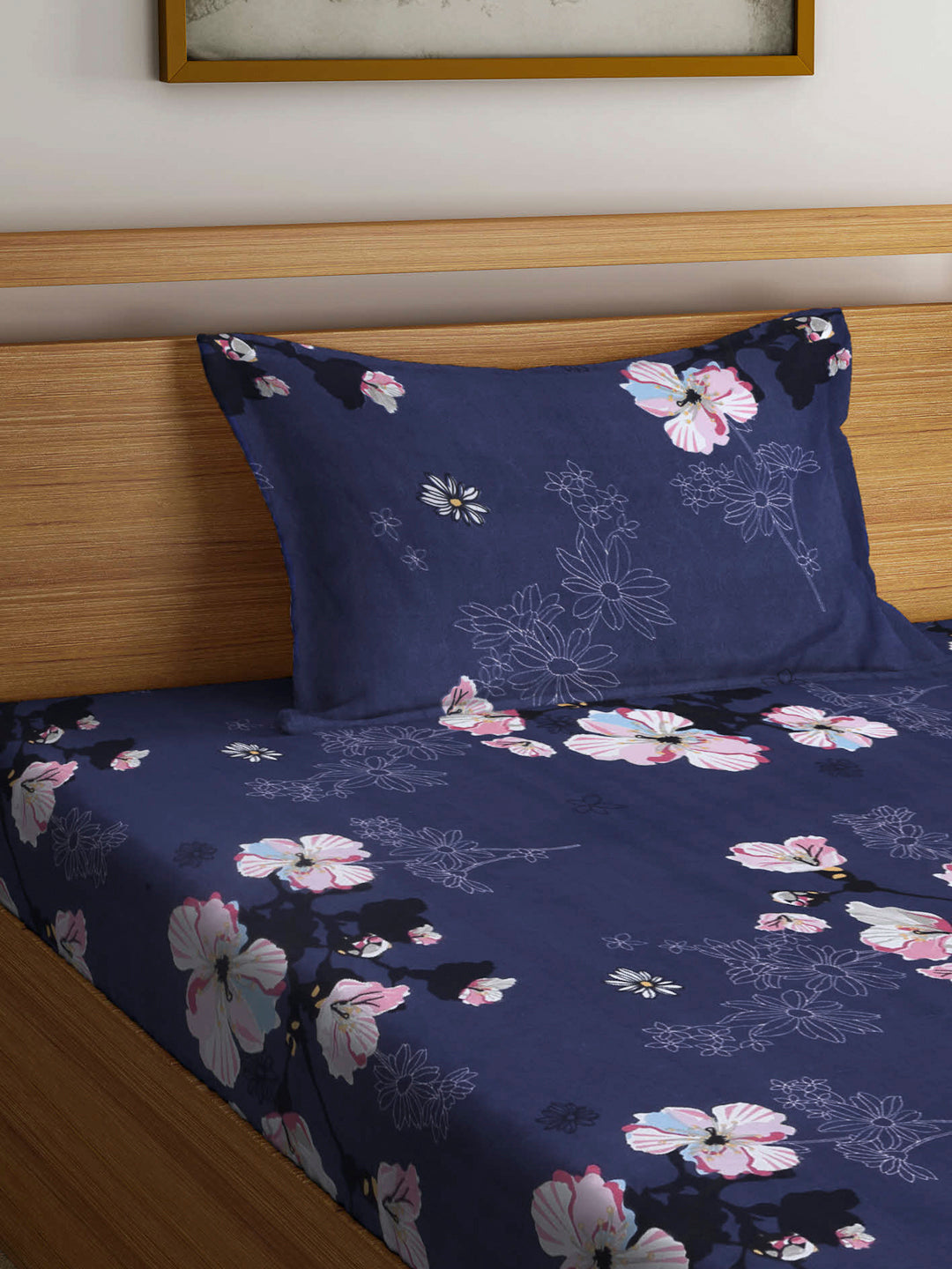 Arrabi Blue Floral TC Cotton Blend Single Size Bedsheet with 1 Pillow Cover (220 x 150 cm)