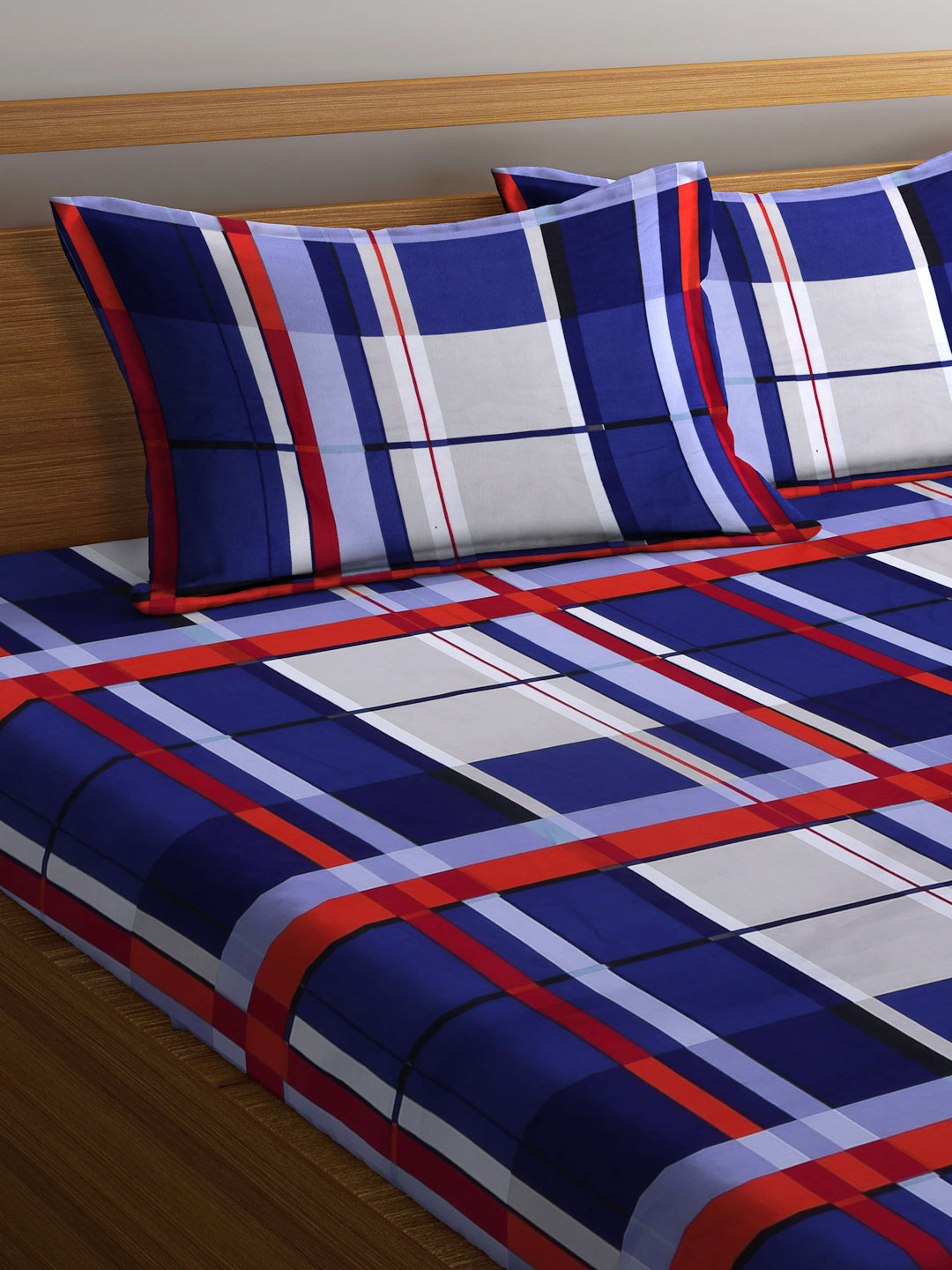Arrabi Blue Geometric TC Cotton Blend King Size Bookfold Bedsheet with 2 Pillow Covers (250 X 215 cm)
