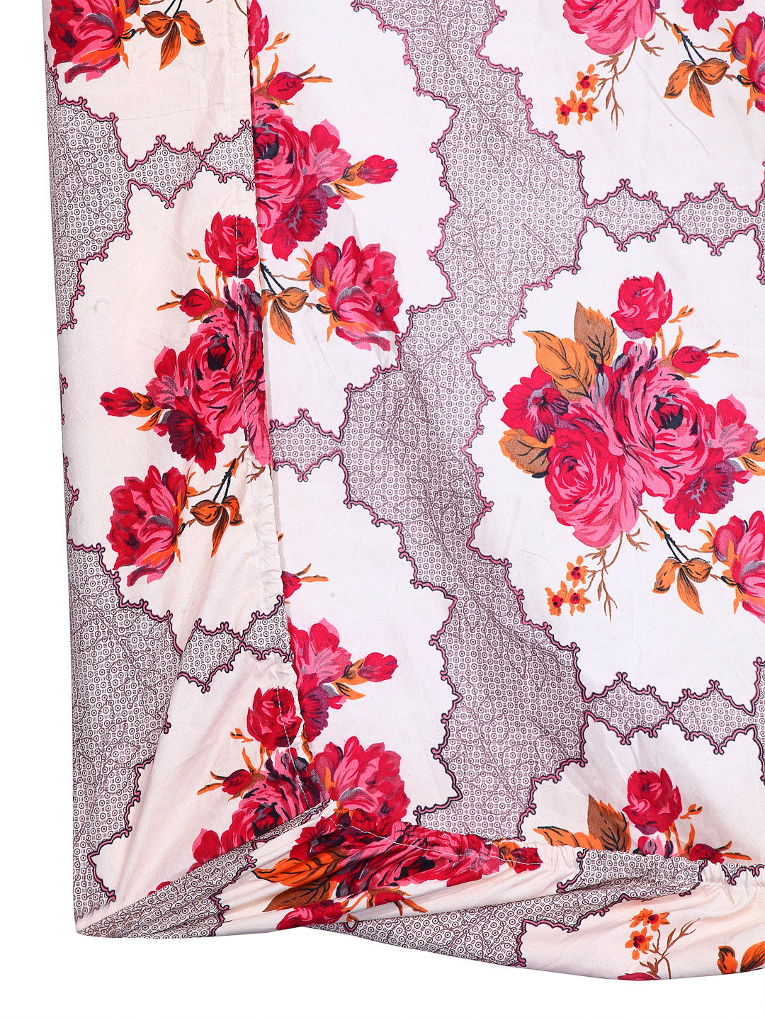Arrabi Cream Floral TC Cotton Blend Single Size Fitted Bedsheet with 1 Pillow Cover (220 X 150 cm)