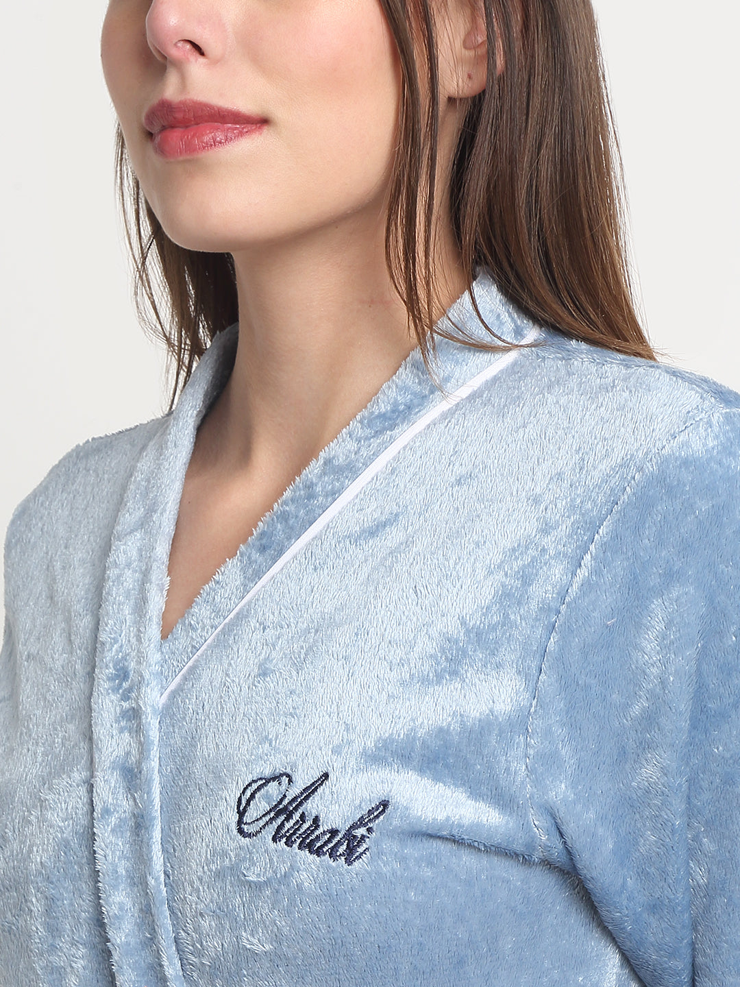 Arrabi Women Blue Warm Woolen Striped Bath Robe With Pockets