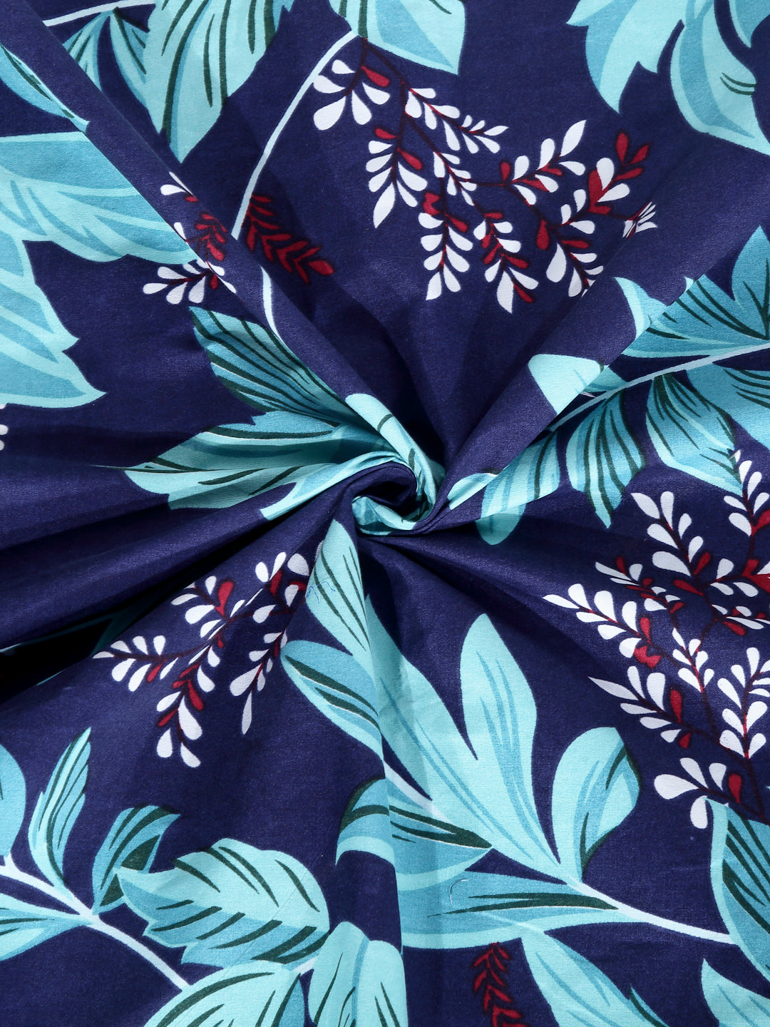 Arrabi Blue Leaf TC Cotton Blend King Size Bookfold Bedsheet with 2 Pillow Covers (250 X 220 cm)