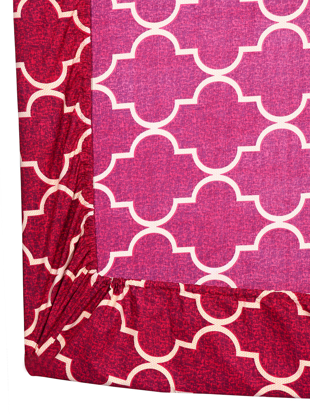 Arrabi Red Graphic TC Cotton Blend Single Size Fitted Bedsheet with 1 Pillow Cover (220 X 150 cm)