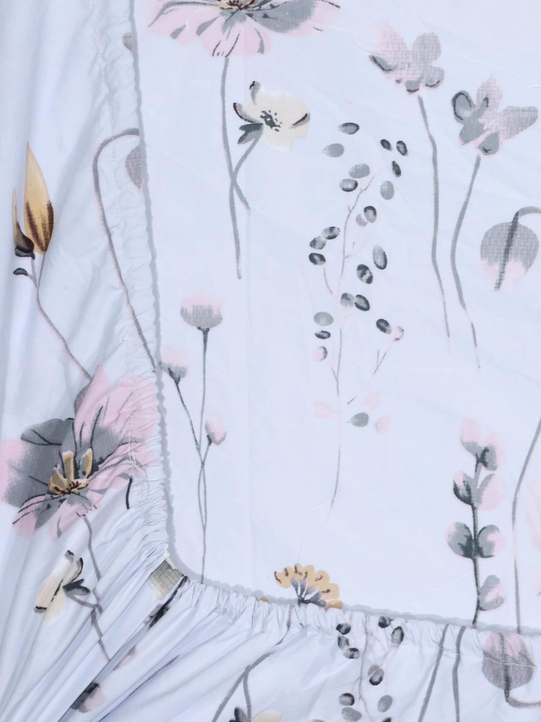 Arrabi Grey Floral TC Cotton Blend Single Size Fitted Bedsheet with 1 Pillow Cover (215 X 150 cm)