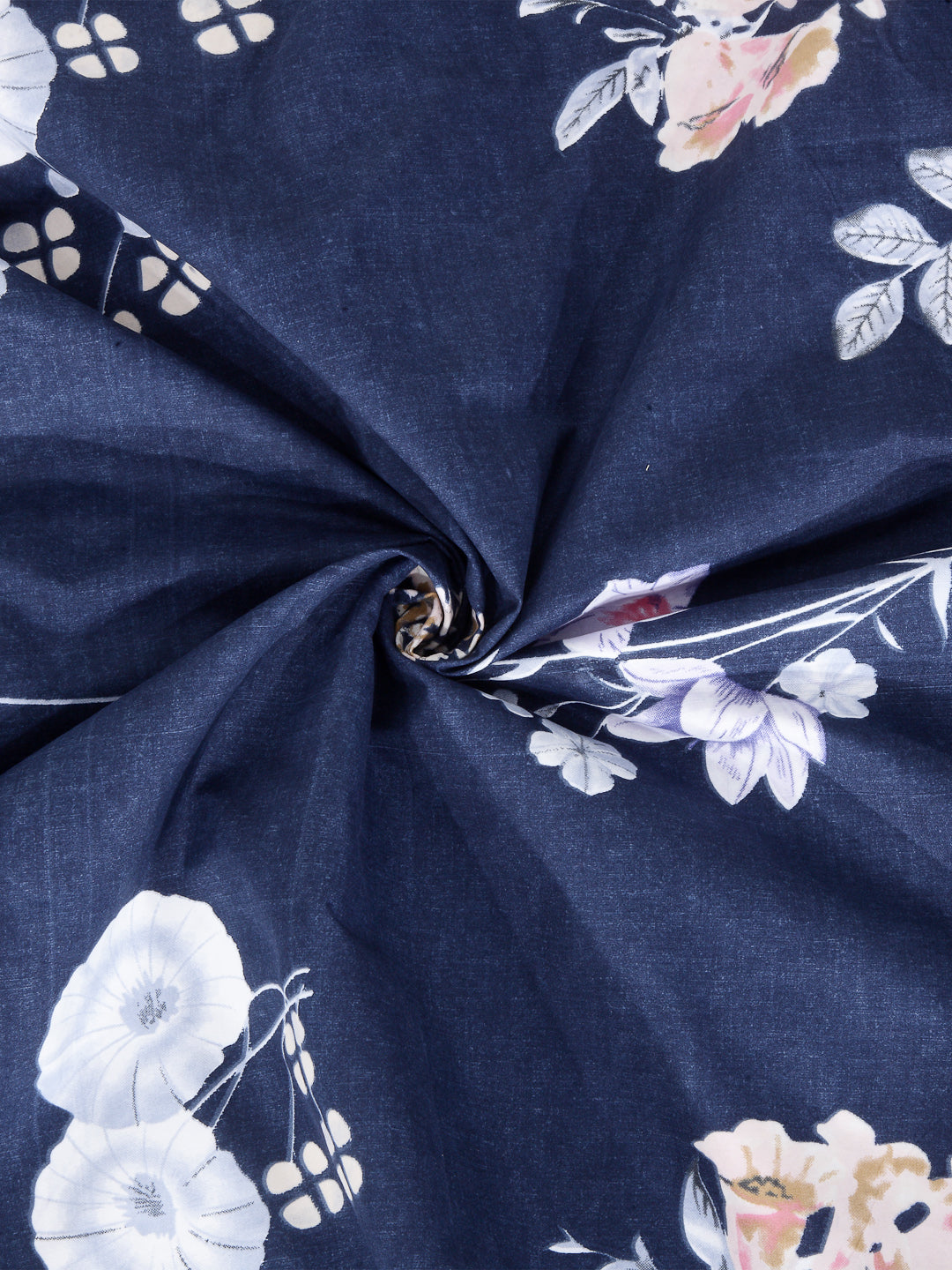 Arrabi Blue Leaf TC Cotton Blend Single Size Fitted Bedsheet with 1 Pillow Cover (220 X 150 cm)