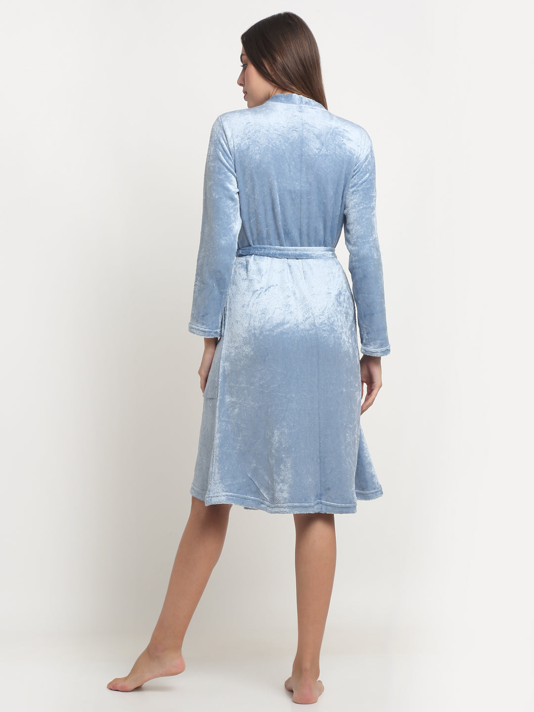 Arrabi Women Blue Warm Woolen Solid Bath Robe With Pockets