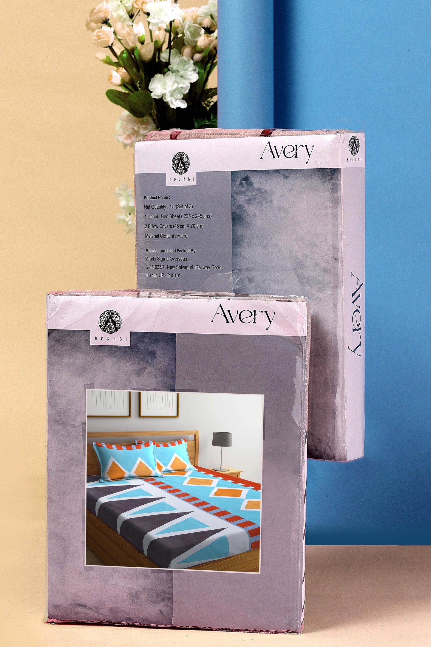 Arrabi Blue Geometric TC Cotton Blend King Size Bookfold Bedsheet with 2 Pillow Covers (250 X 215 cm)