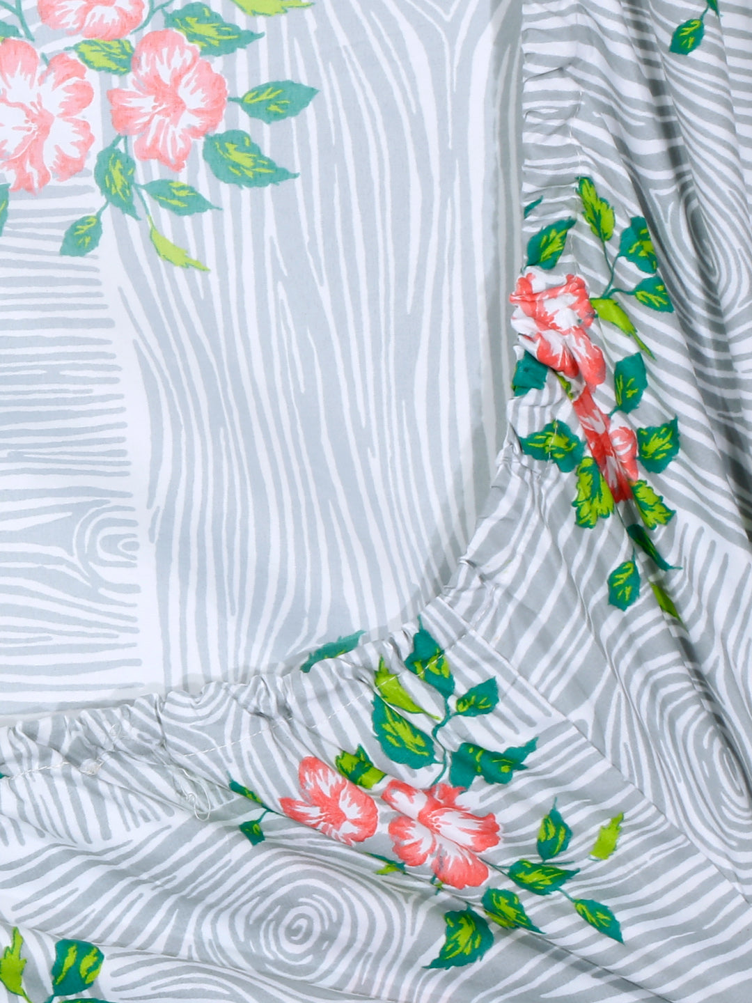 Arrabi Grey Floral TC Cotton Blend Single Size Fitted Bedsheet with 1 Pillow Cover (215 X 150 cm)