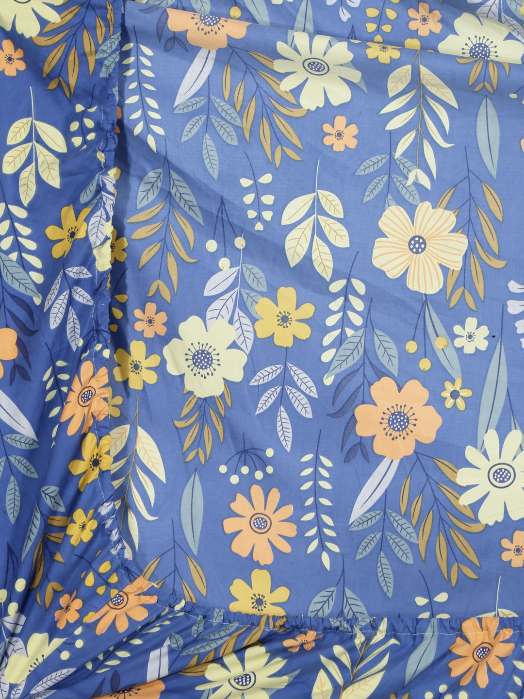 Arrabi Blue Floral TC Cotton Blend Super King Size Fitted Bedsheet with 2 Pillow Covers (270 X 260 Cm)