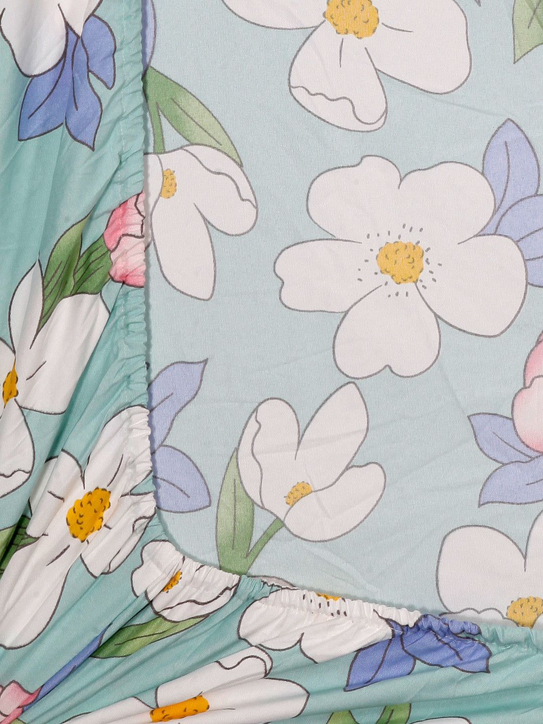 Arrabi Blue Floral TC Cotton Blend King Size Fitted Bedsheet with 2 Pillow Covers (250 x 215 cm)
