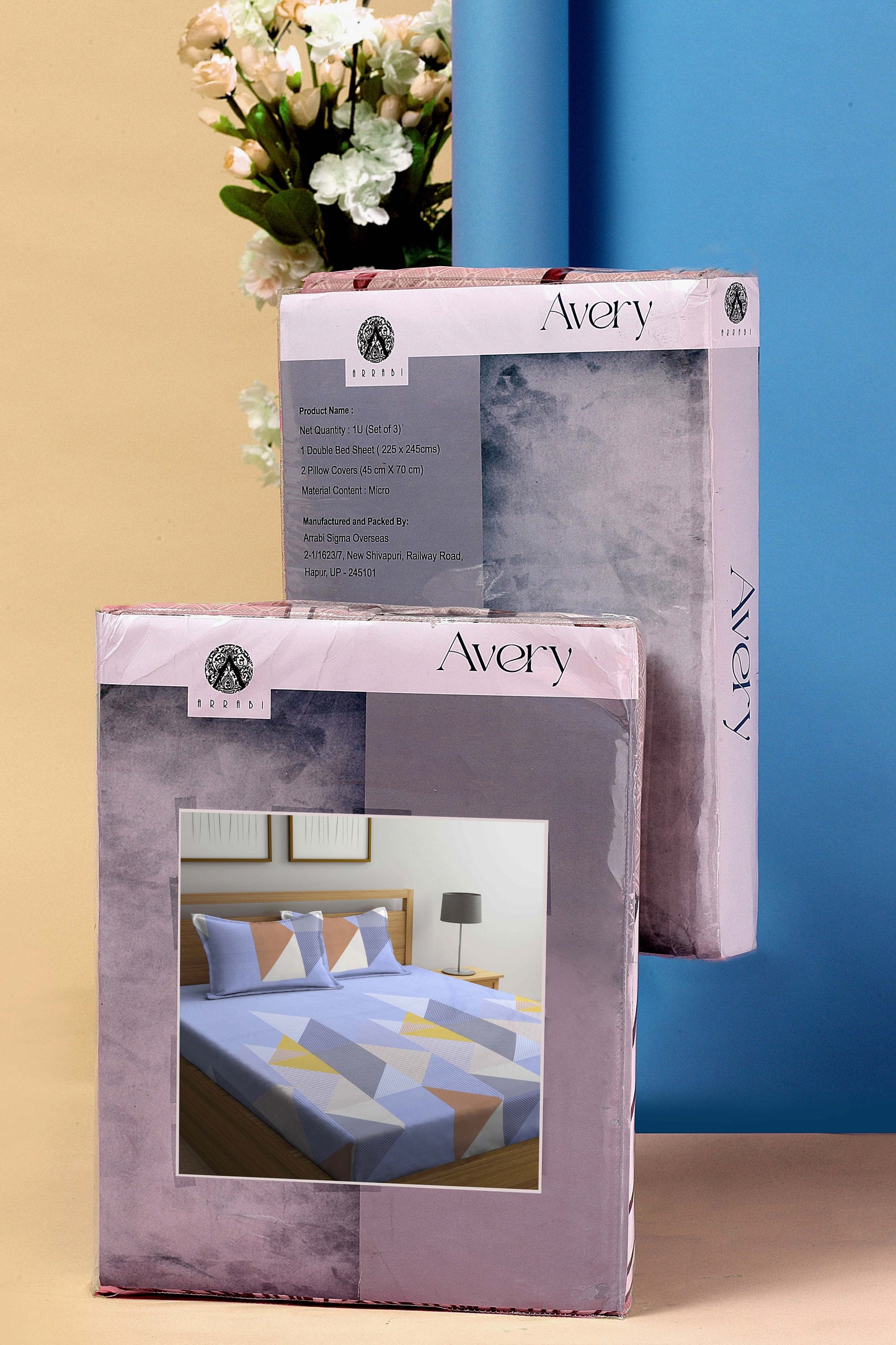 Arrabi Blue Geometric TC Cotton Blend King Size Bookfold Bedsheet with 2 Pillow Covers (250 X 220 cm)