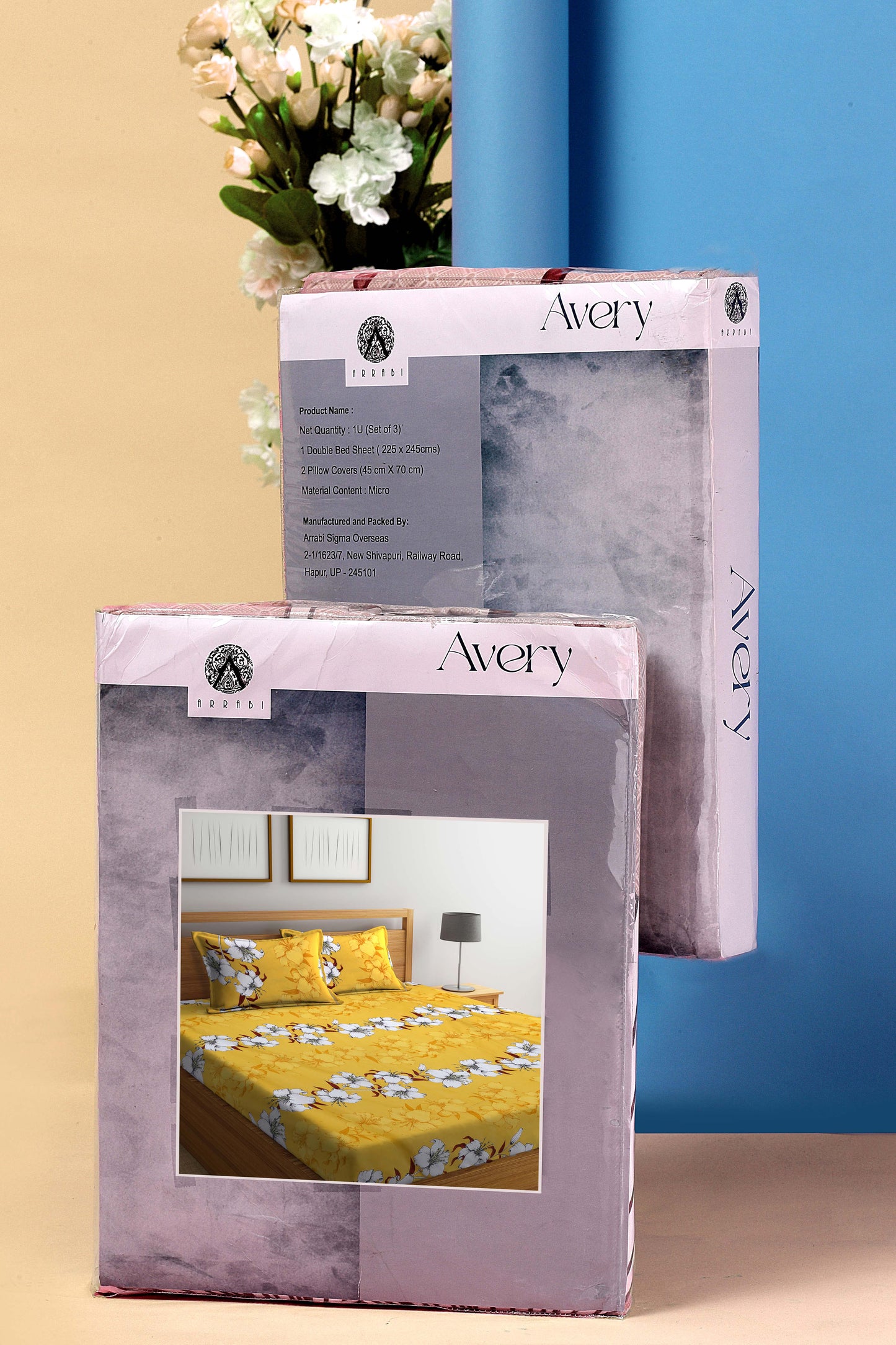 Arrabi Yellow Floral TC Cotton Blend King Size Bookfold Bedsheet with 2 Pillow Covers (250 X 215 cm)