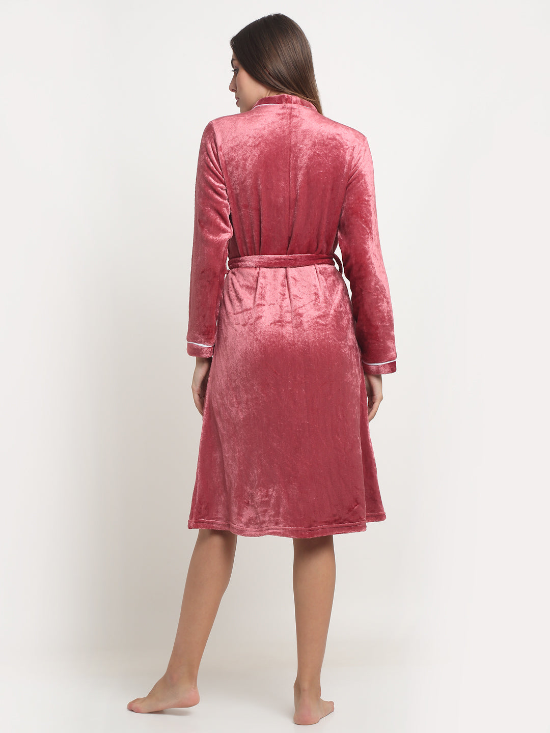 Arrabi Women Rust Warm Woolen Striped Bath Robe With Pockets