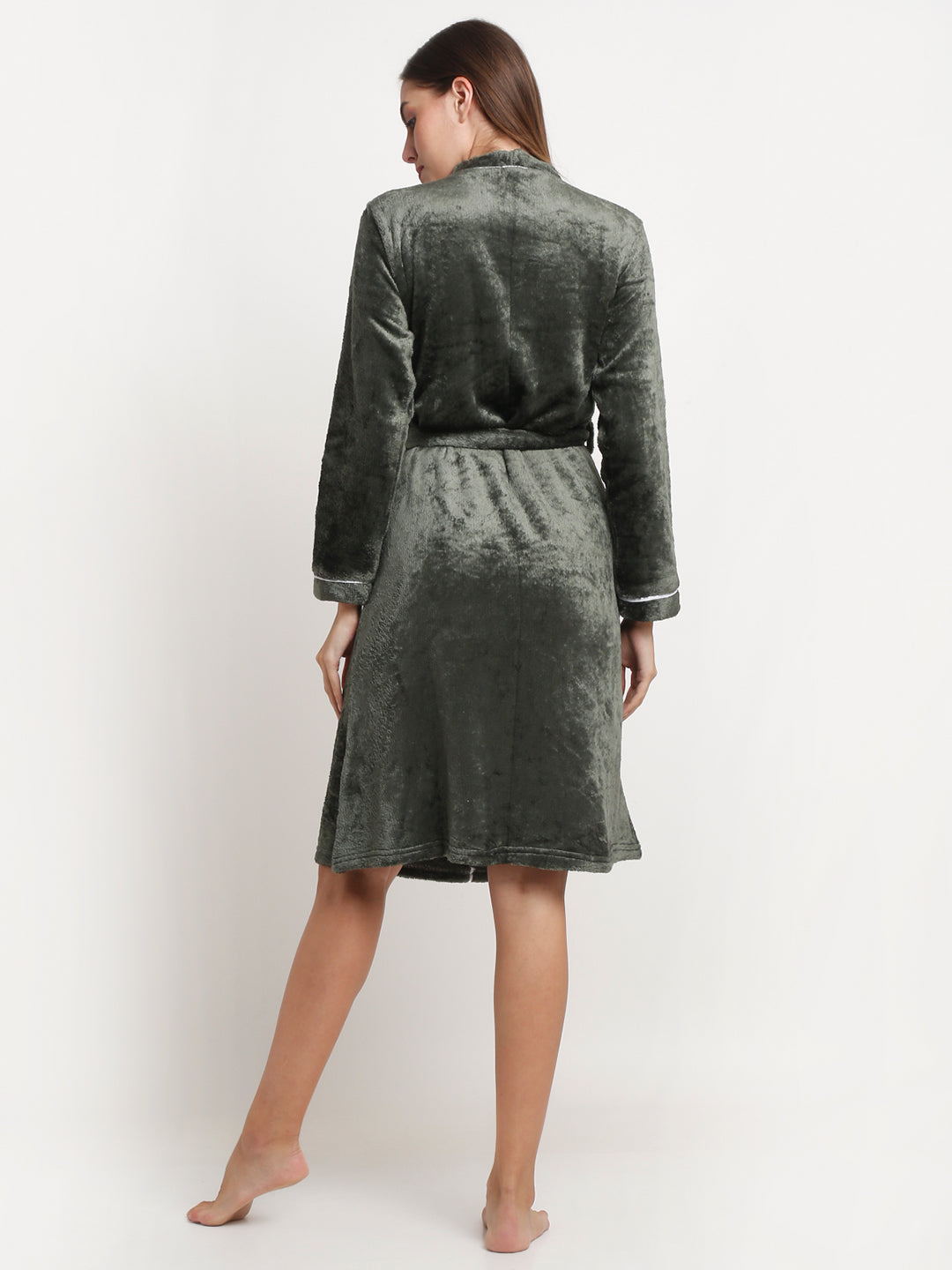 Arrabi Women Green Warm Woolen Striped Bath Robe With Pockets