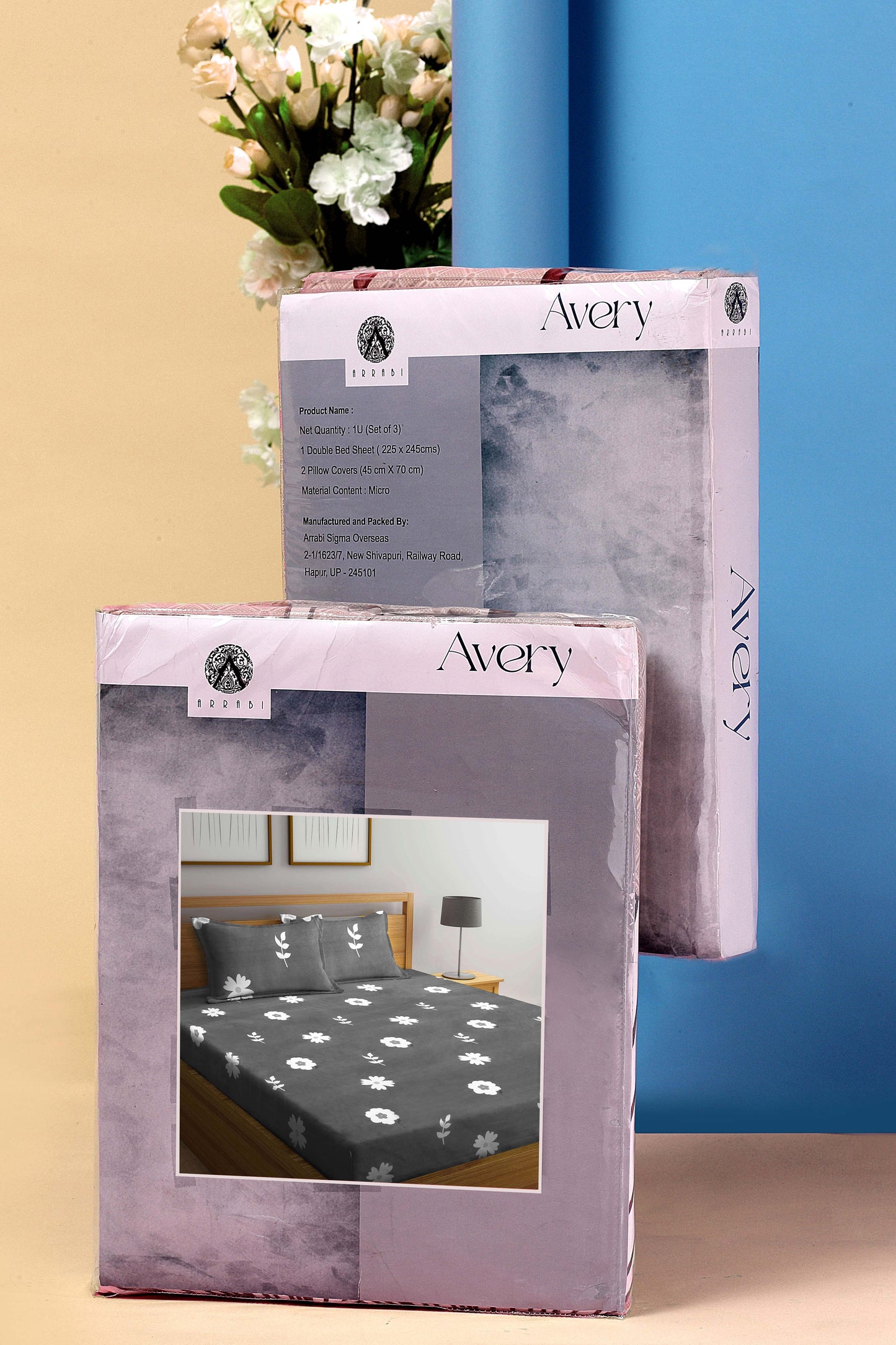 Arrabi Grey Floral TC Cotton Blend Super King Size Bookfold Bedsheet with 2 Pillow Covers (270 X 260 cm)
