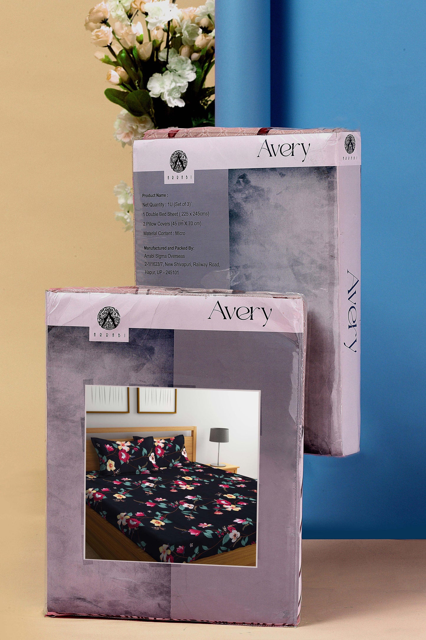 Arrabi Black Floral TC Cotton Blend King Size Bookfold Bedsheet with 2 Pillow Covers (250 X 220 cm)