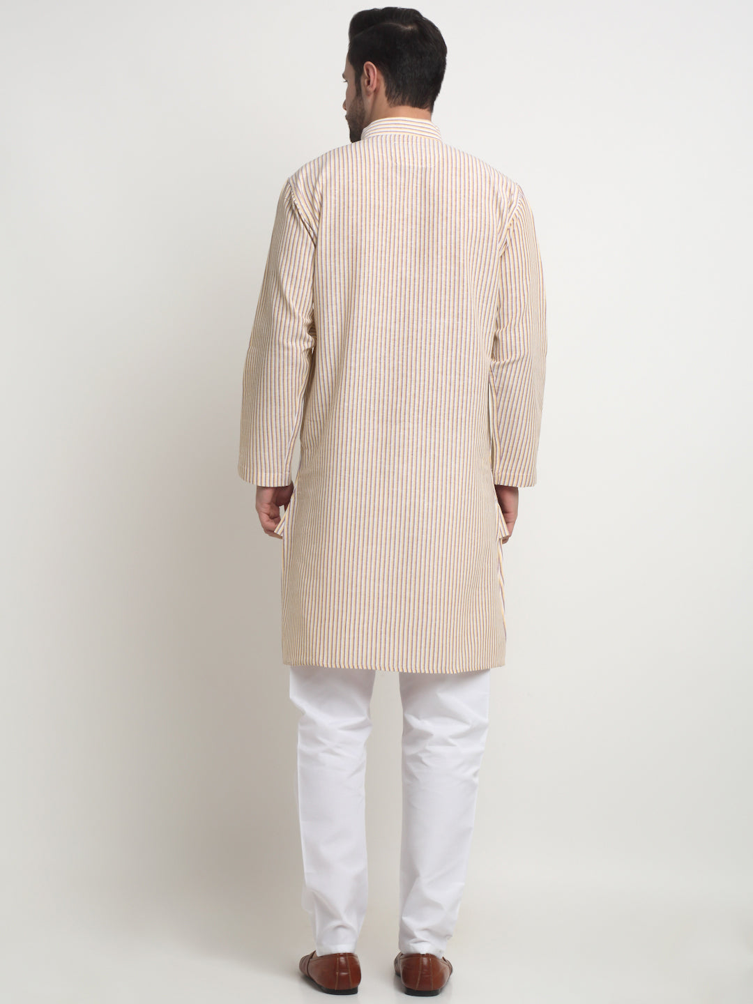 Arrabi Men Multi Pure Cotton Striped Kurta Pyjama Set with Pockets