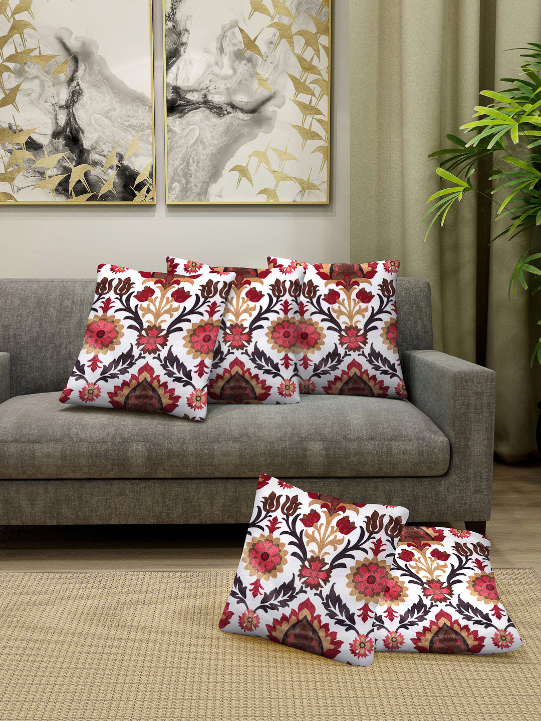 Arrabi Red Leaf TC Chenille Cotton Blend Cushion Covers (Pack of 5) (40 x 40 cm)