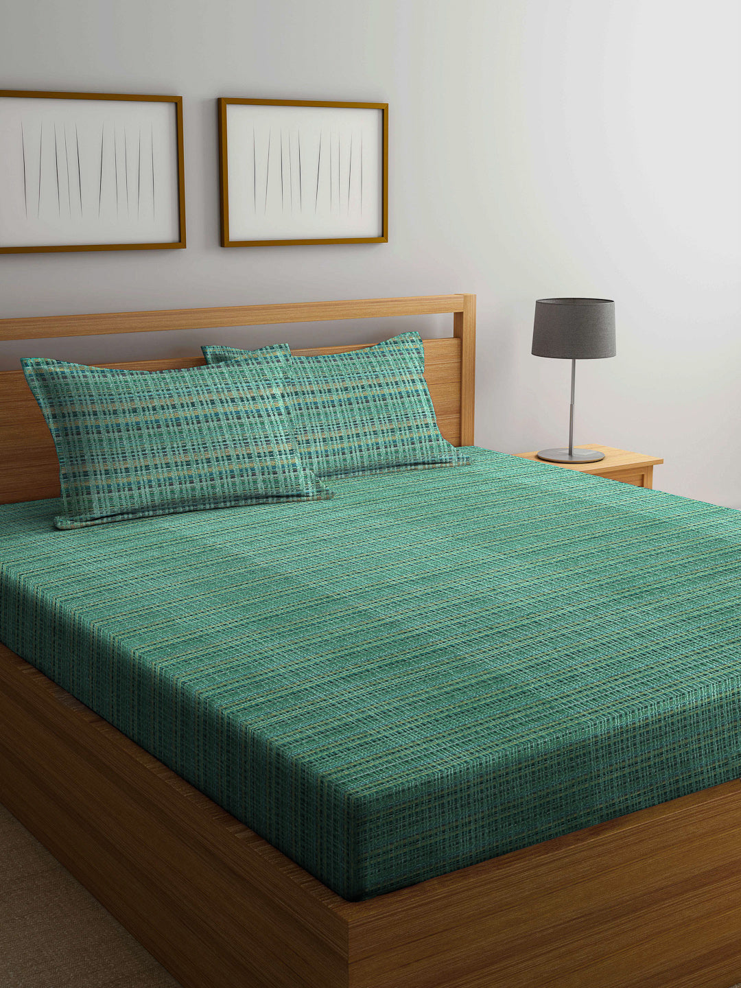 Arrabi Green Stripes Handwoven Cotton King Size Bedsheet with 2 Pillow Covers (260 X 230 cm)