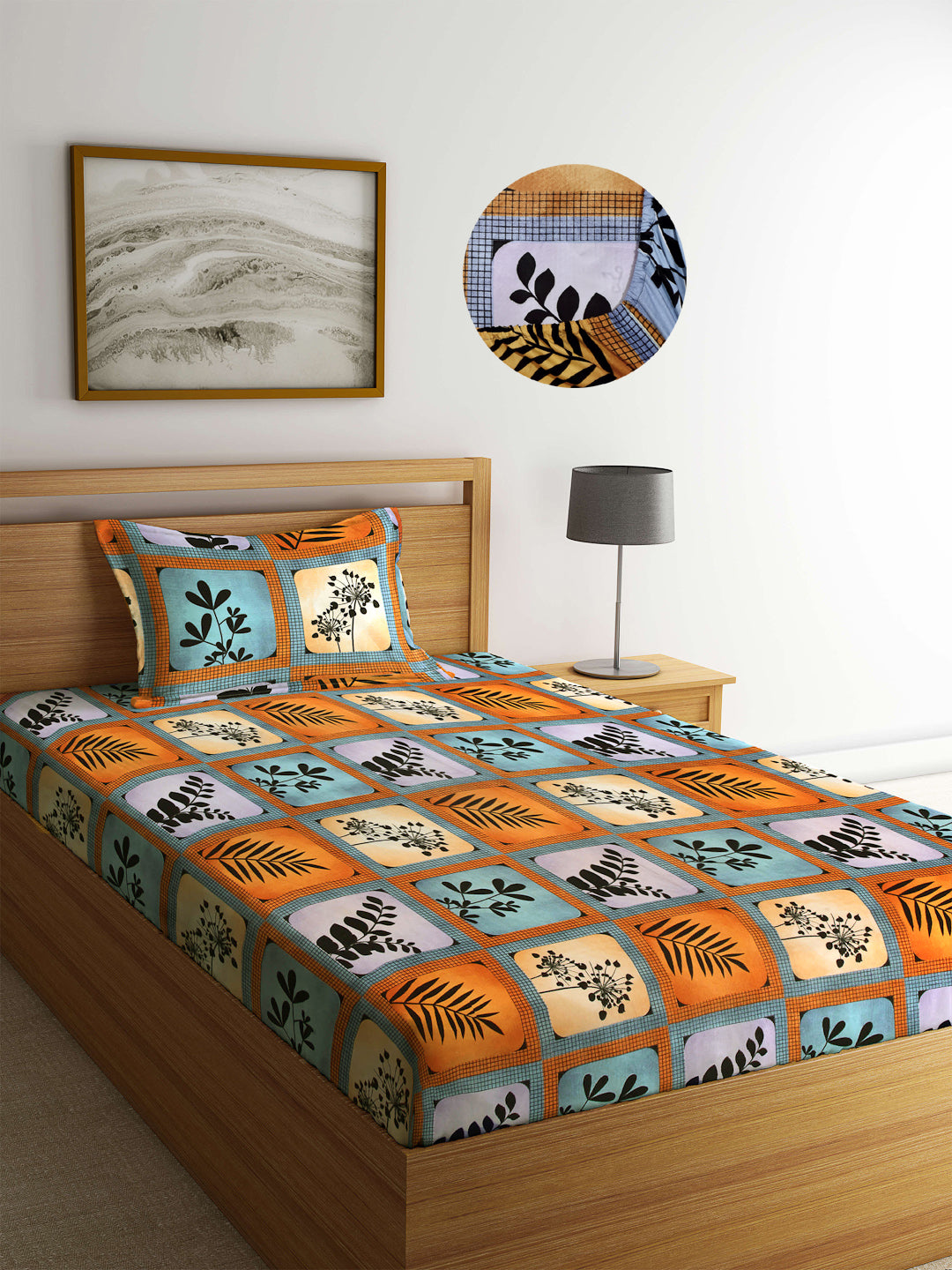 Arrabi Multi Floral TC Cotton Blend Single Size Fitted Bedsheet with 1 Pillow Cover (220 X 150 cm)