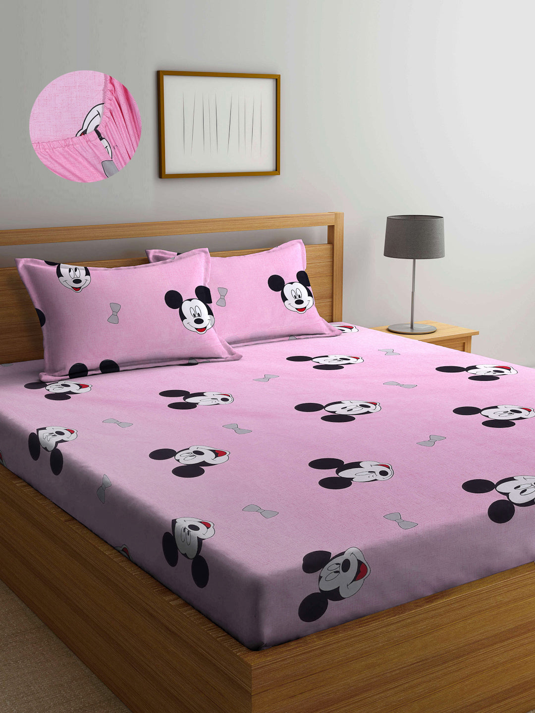 Arrabi Pink Cartoon TC Cotton Blend King Size Fitted Bedsheet with 2 Pillow Covers (250 X 220 Cm )