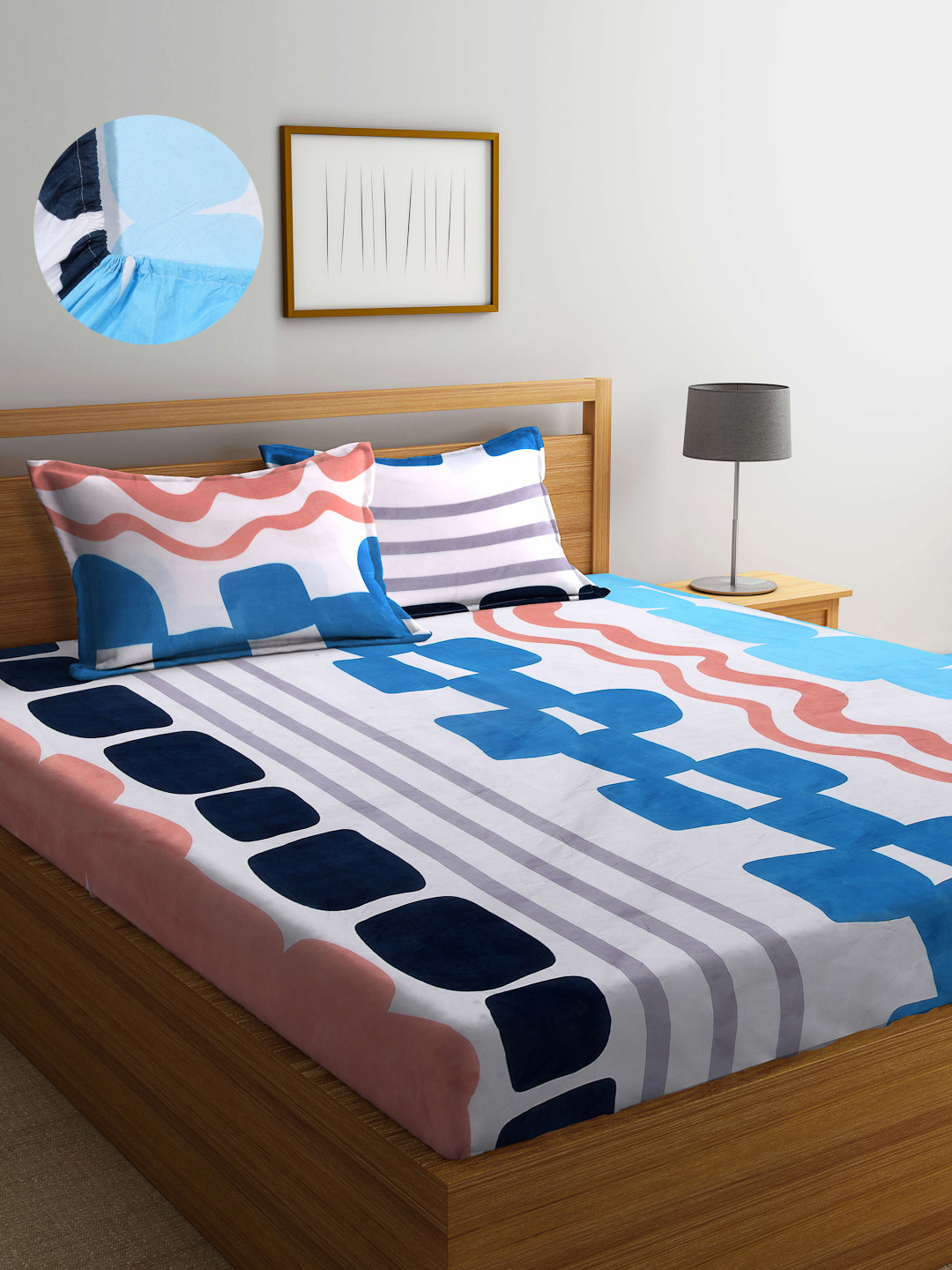 Arrabi Multi Abstract TC Cotton Blend King Size Fitted Bedsheet with 2 Pillow Covers (250 X 215 Cm )
