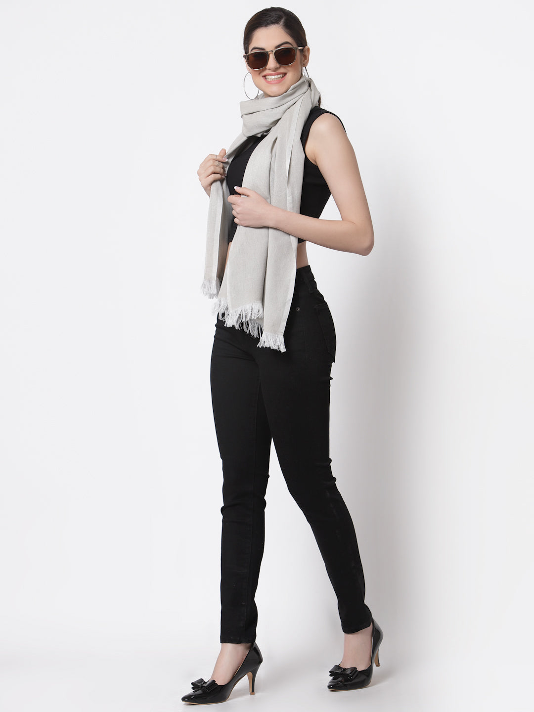 Arrabi Grey Solid Handwoven Cotton Full Size Stole (185 x 85 cm)