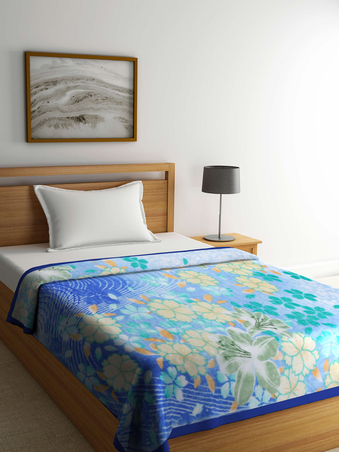 Arrabi Blue Floral Polyester 950 GSM Full Size Single Bed Blanket (210 X 150 cm)