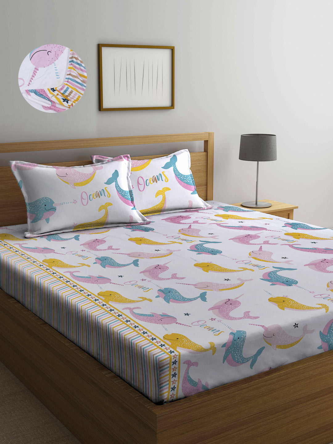 Arrabi Multi Cartoon TC Cotton Blend Double Size Fitted Bedsheet with 2 Pillow Covers (250 X 220 cm)