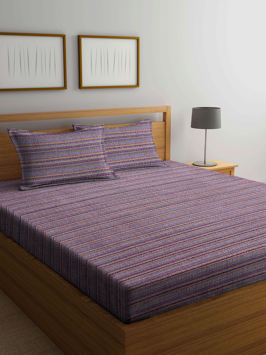 Arrabi Multi Stripes Handwoven Cotton King Size Bedsheet with 2 Pillow Covers (260 X 230 cm)