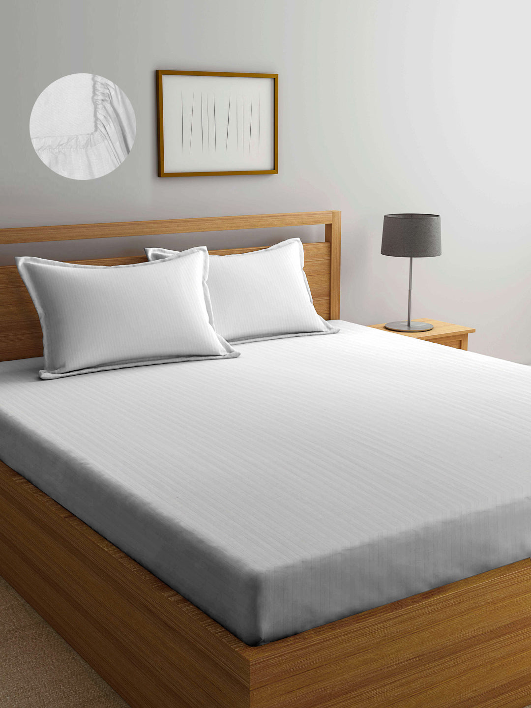 Arrabi White Stripes TC Cotton Blend Double Size Fitted Bedsheet with 2 Pillow Covers (250 X 220 cm)