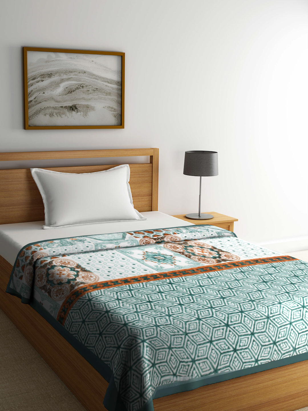 Arrabi Green Geometric Polyester 950 GSM Full Size Single Bed Blanket (210 X 150 cm)