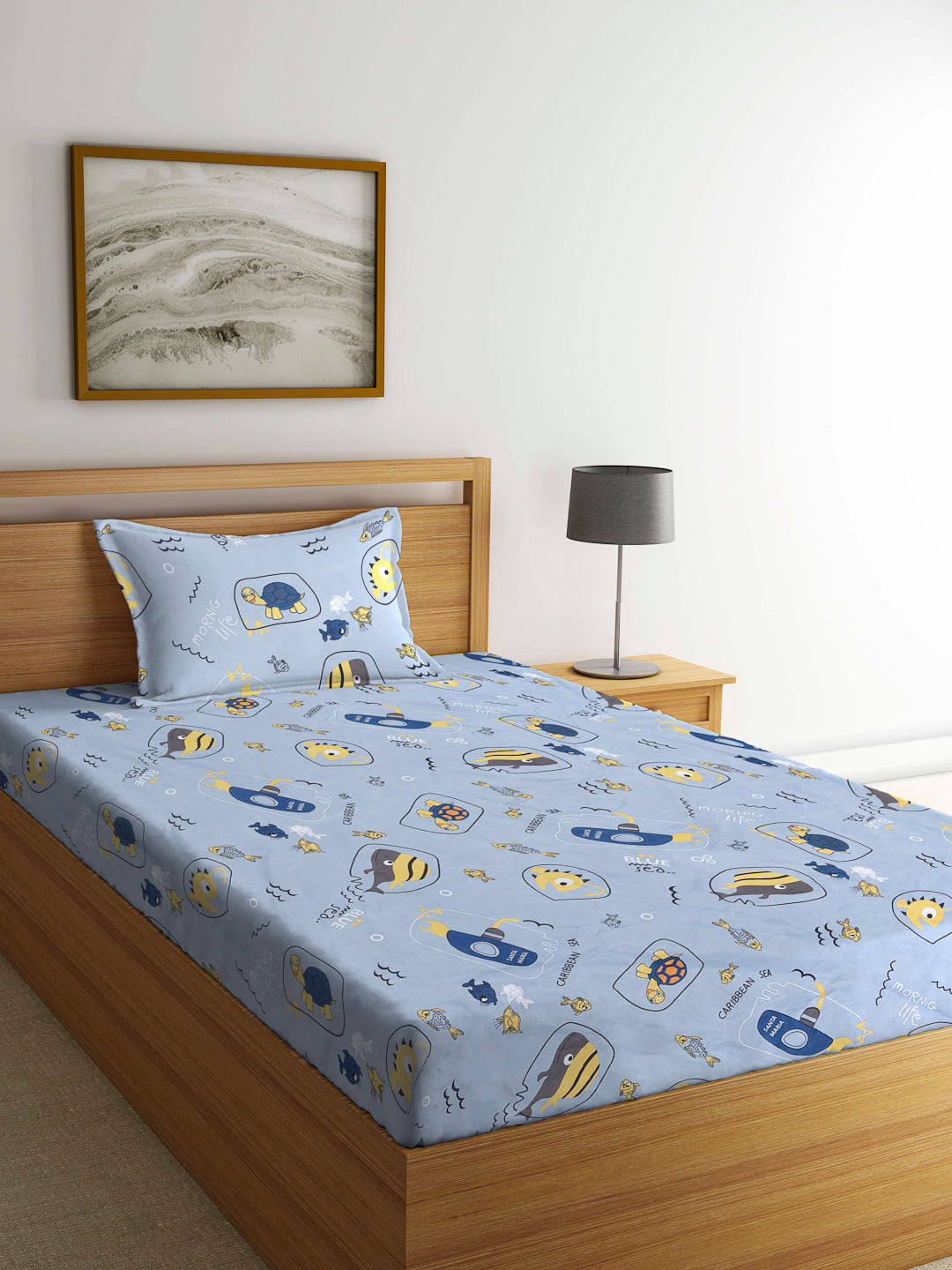 Arrabi Grey Cartoon TC Cotton Blend Single Size Bedsheet with 1 Pillow Cover (220 X 150 cm)