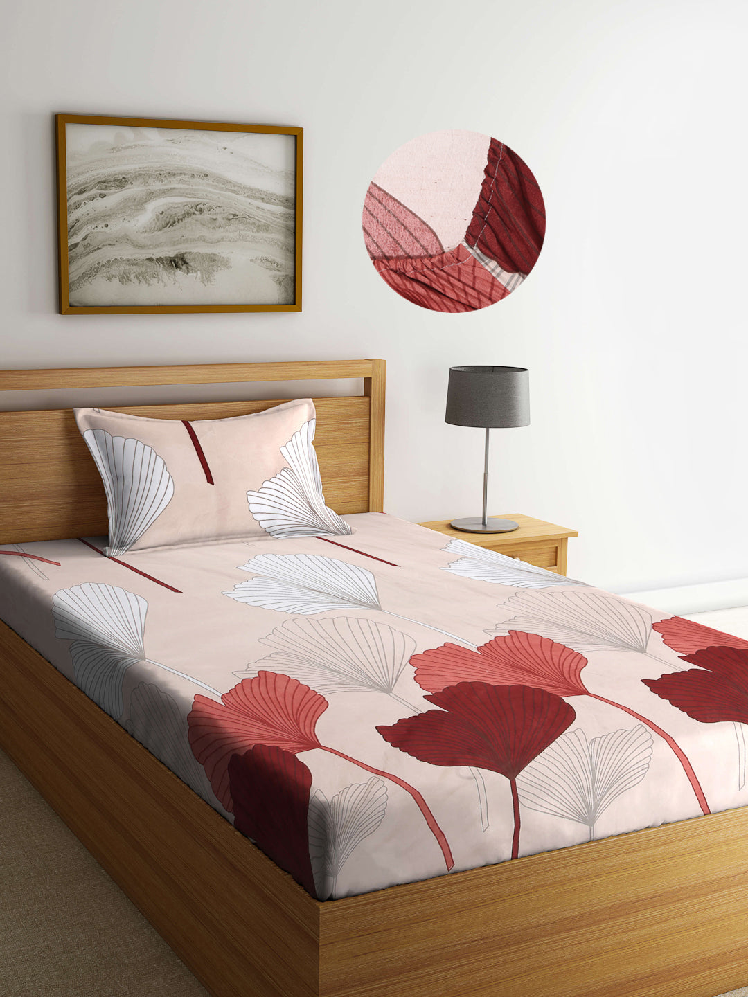 Arrabi Brown Floral TC Cotton Blend Single Size Fitted Bedsheet with 1 Pillow Cover (220 X 150 cm)