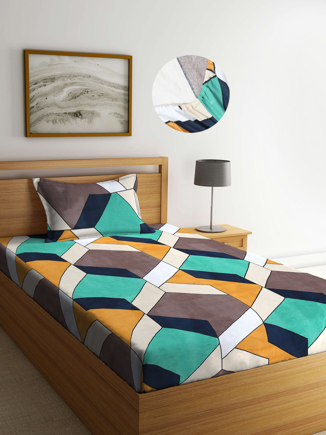 Arrabi Multi Geometric TC Cotton Blend Single Size Fitted Bedsheet with 1 Pillow Cover (220 X 150 cm)