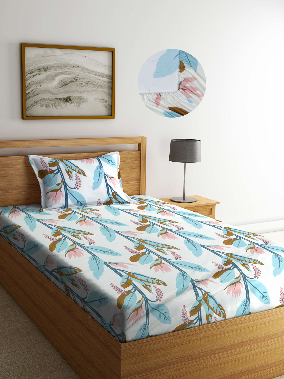 Arrabi Multi Leaf TC Cotton Blend Single Size Fitted Bedsheet with 1 Pillow Cover (220 X 150 cm)