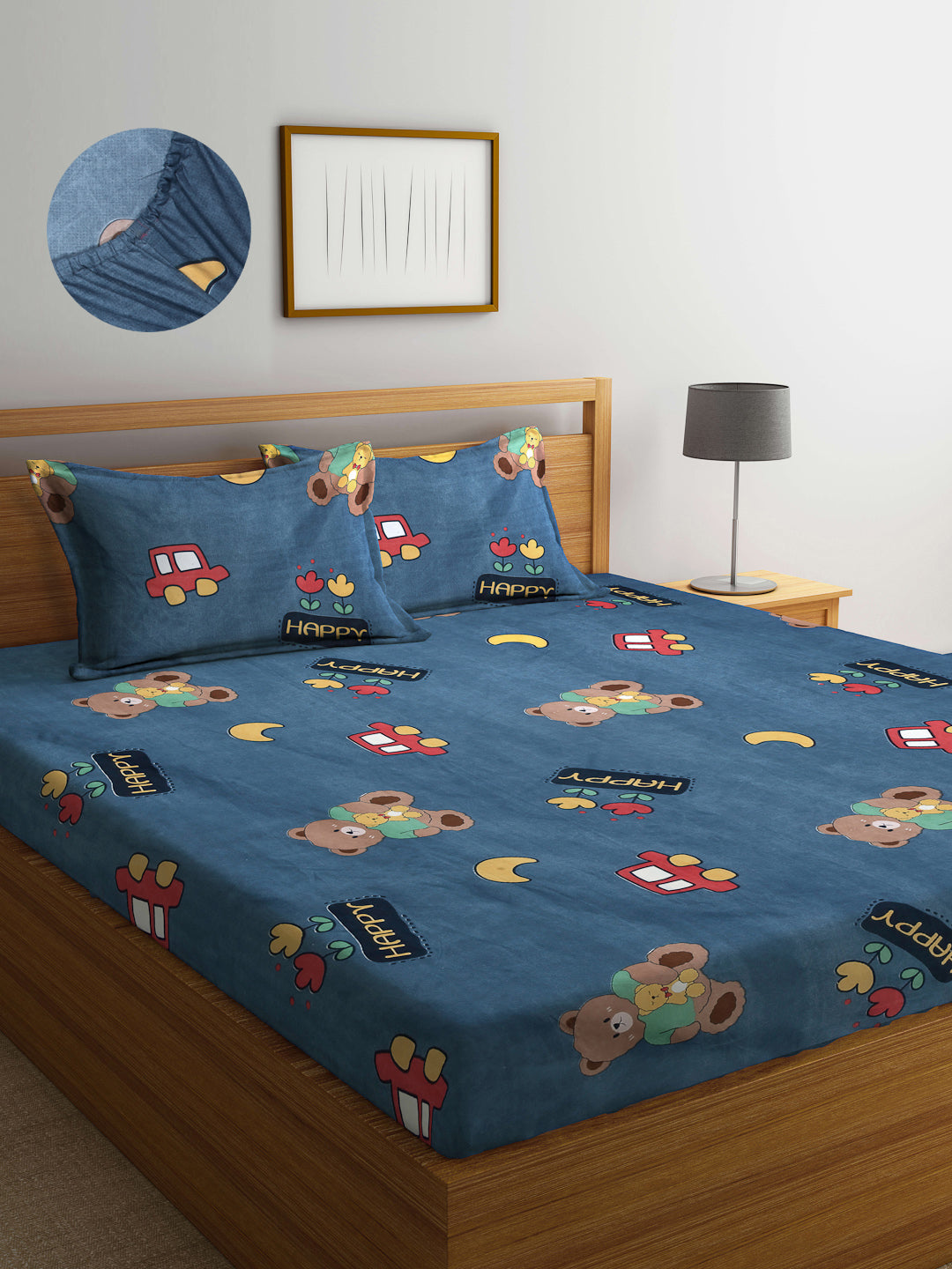 Arrabi Blue Cartoon TC Cotton Blend King Size Fitted Bedsheet with 2 Pillow Covers (250 X 220 Cm )