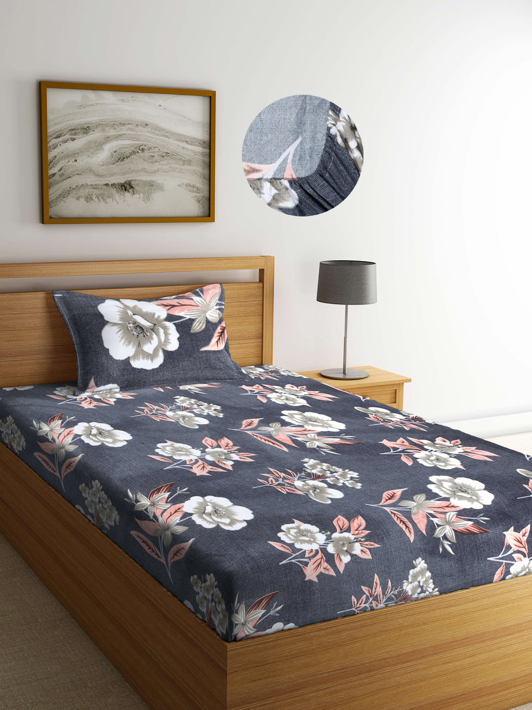 Arrabi Grey Floral TC Cotton Blend Single Size Fitted Bedsheet with 1 Pillow Cover (220 X 150 cm)