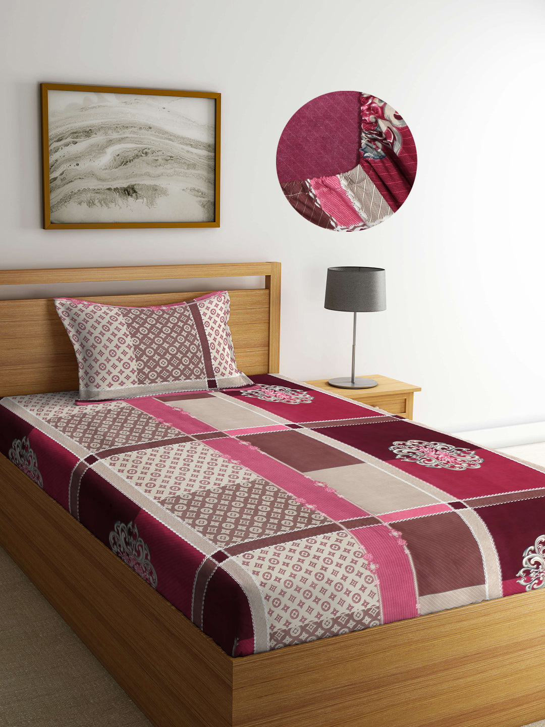 Arrabi Multi Indian TC Cotton Blend Single Size Fitted Bedsheet with 1 Pillow Cover (220 X 150 cm)