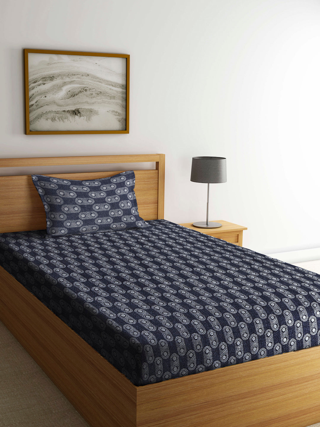 Arrabi Black Graphic Handwoven Cotton Single Size Bedsheet with 1 Pillow Cover ( 225 X 150 cm)