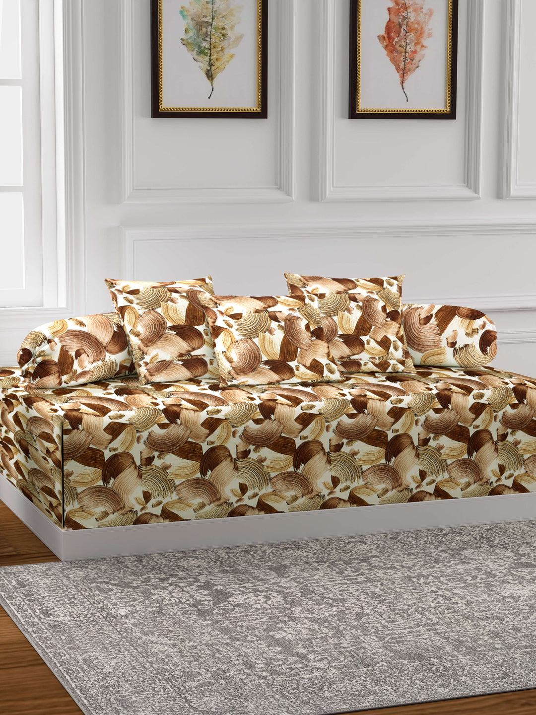 Arrabi Brown Set of 6 Graphic Handwoven Chenille Diwan Set (225 x150 cm)