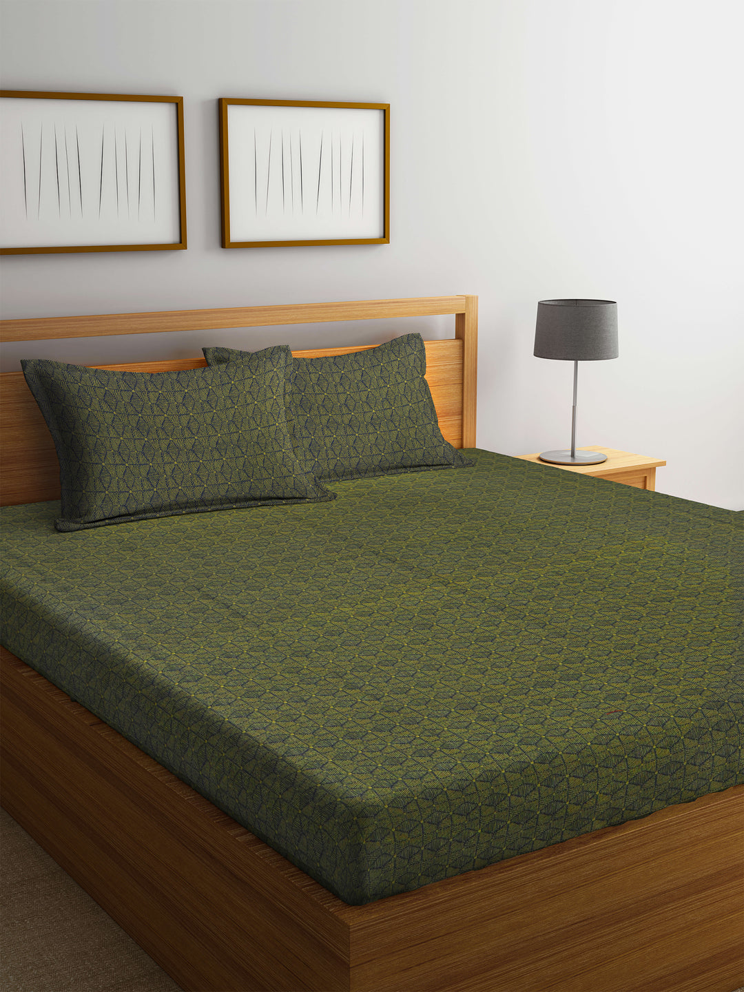 Arrabi Green Blocks Handwoven Cotton Double Size Bedsheet with 2 Pillow Covers (260 x 230 cm)