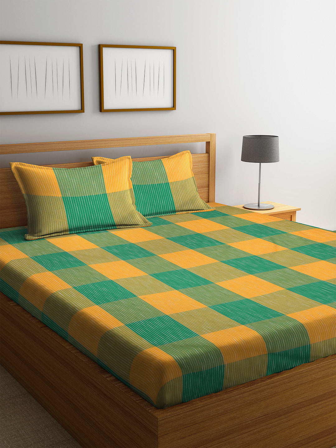 Arrabi Green & Yellow Check Handwoven Cotton Double King Size Bedsheet with 2 Pillow Covers (260 x 255 cm)