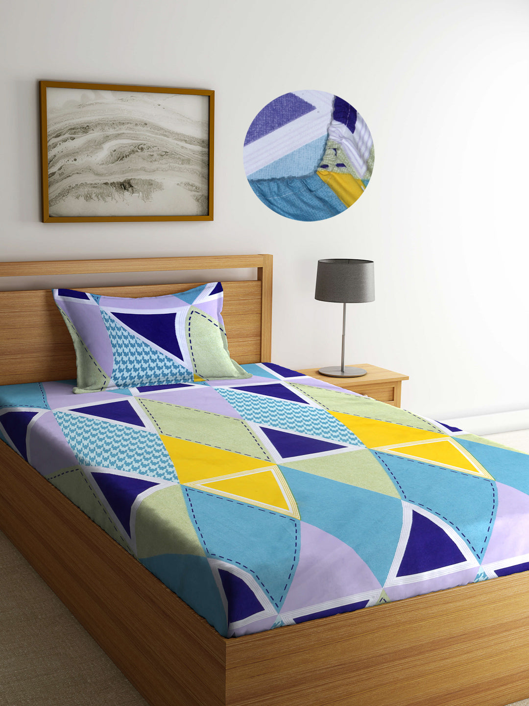 Arrabi Multi Geometric TC Cotton Blend Single Size Fitted Bedsheet with 1 Pillow Cover (220 X 150 cm)