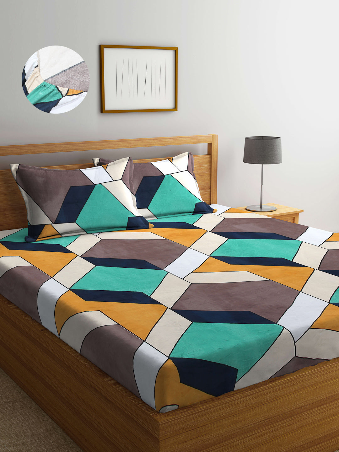 Arrabi Multi Graphic TC Cotton Blend King Size Fitted Bedsheet with 2 Pillow Covers (250 X 215 Cm )